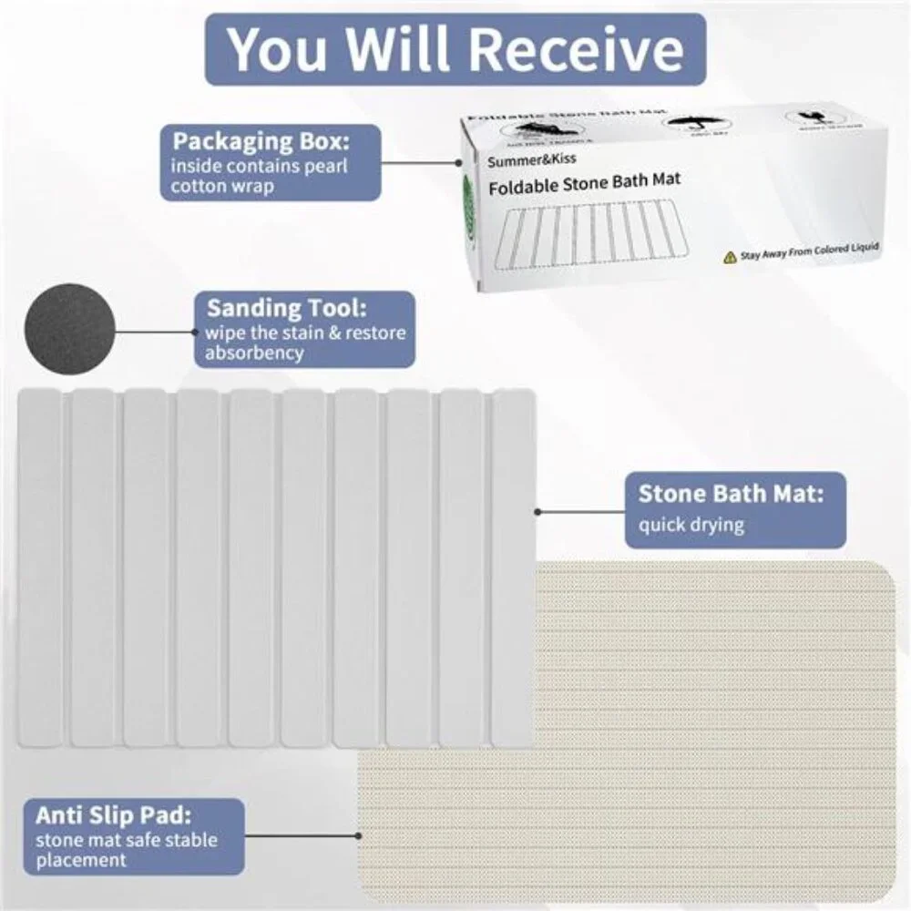 Foldable Stone Bath Mat Quick Dry Absorbent Non Slip Large Diatomaceous Mat